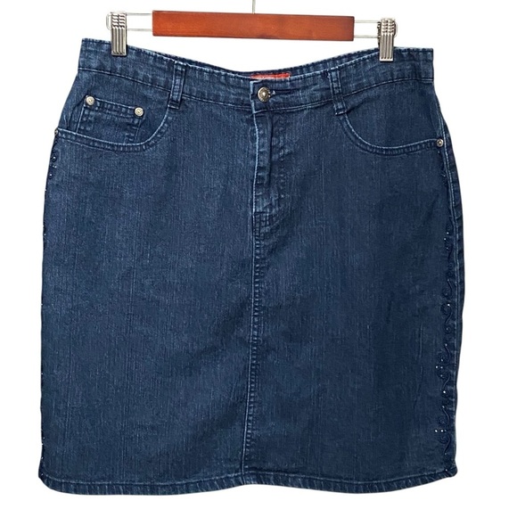 Cos Jeans Denim Skirt Blue Embroidered Rhinestone Western Style Size 12 - Picture 1 of 6